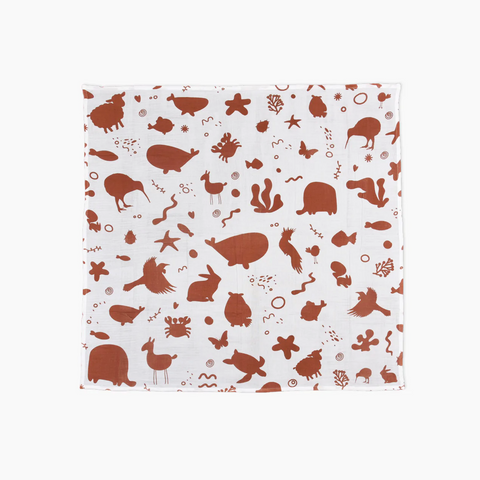 Organic Cotton Muslin Wrap - Animals in rust 